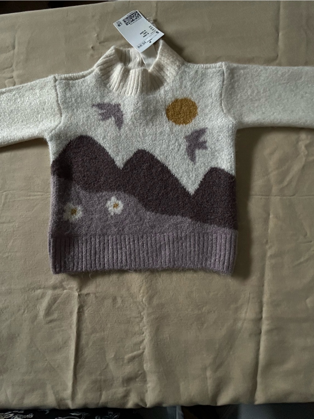 H/M Light Cream Baby Sweater with Brown Mountain, Gold Sun & Floral Accents